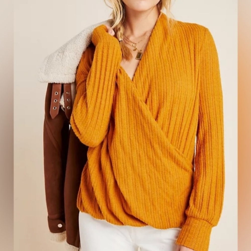 ANTHROPOLOGIE MAEVE Women's Sweater Burnt Orange / Brown Wrap Ribbed V-Neck Sz S